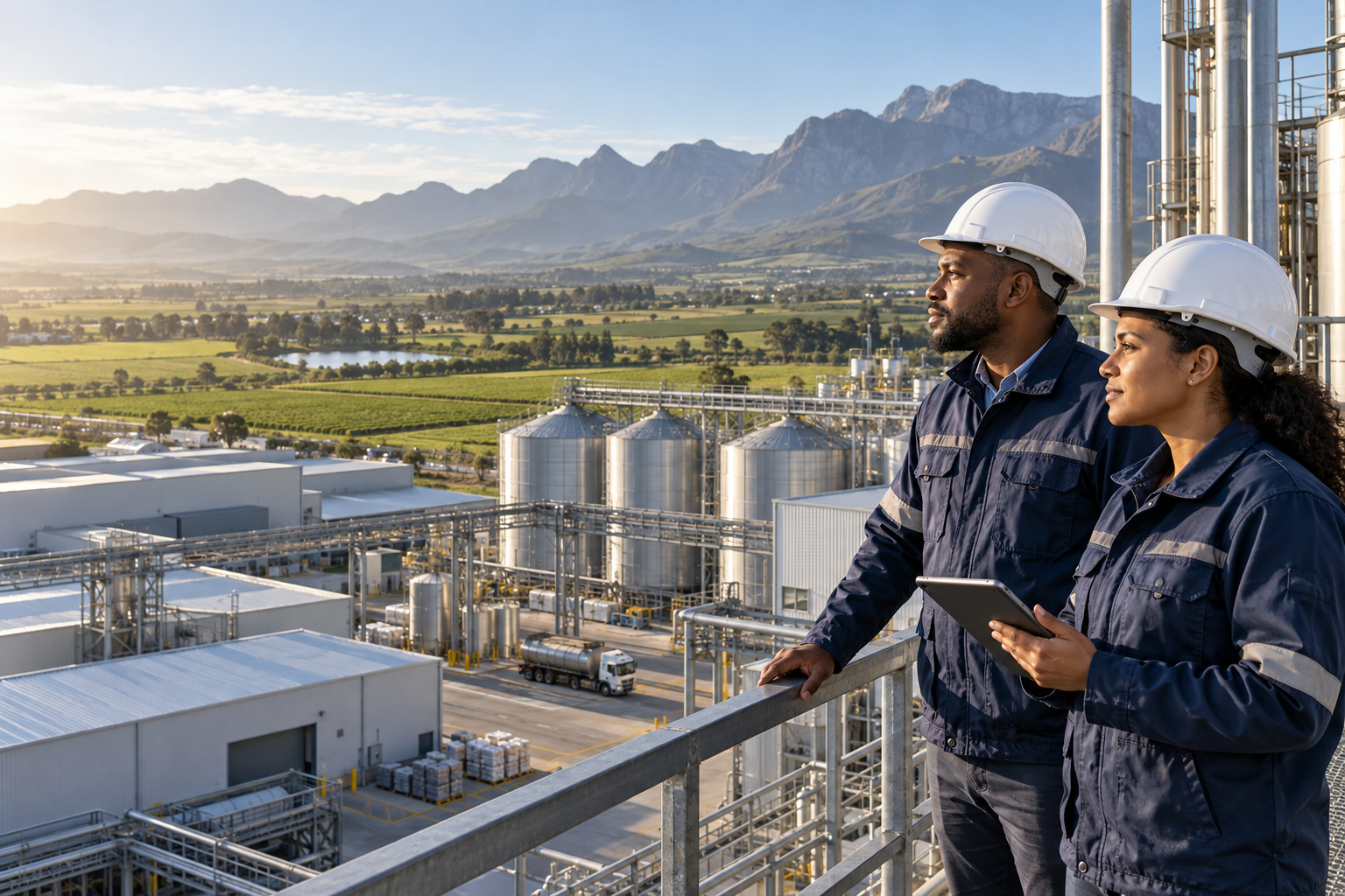 Illustration of site professionals overlooking manufacturing facilities and agricultural land